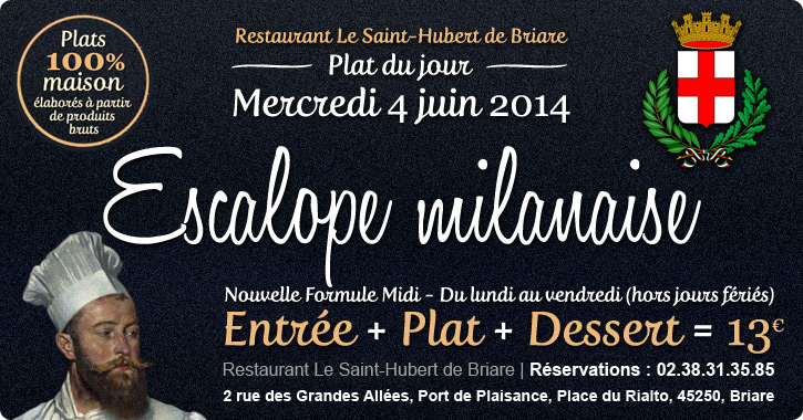 Plat du jour Restaurant Briare, Loiret, Région Centre - Escalope milanaise maison