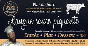 Plat du jour restaurant Briare, Loiret, Région Centre - Langue de boeuf sauce piquante maison