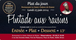 Plat du jour Restaurant Briare, Loiret, Région Centre - Pintade aux raisins
