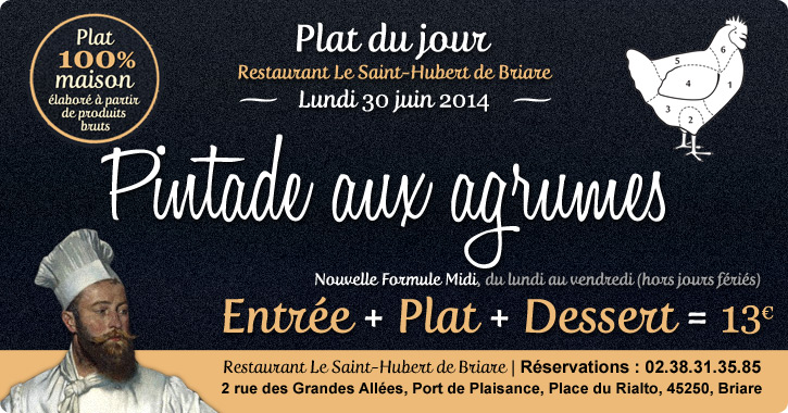 Plat du jour restaurant Briare, Loiret, Région Centre - Pintade aux agrumes maison