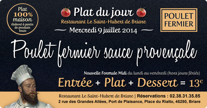 Plat du jour Restaurant Briare, Loiret, Région Centre - Poulet fermier sauce provençale
